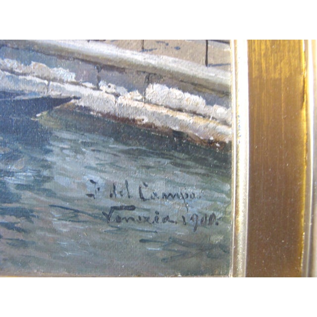1900 - 1909 Federico Del Campo Ornate Gilt Frame Venice Canal Antique Oil Painting For Sale - Image 5 of 10