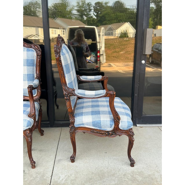 Antique French Louis XV Style Walnut Bergere Chairs in Blue & White - Pair For Sale - Image 13 of 13