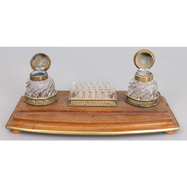 19th Century French Baccarat Crystal & Oak Double Inkwell Inkstand Desk Set For Sale In Houston - Image 6 of 11