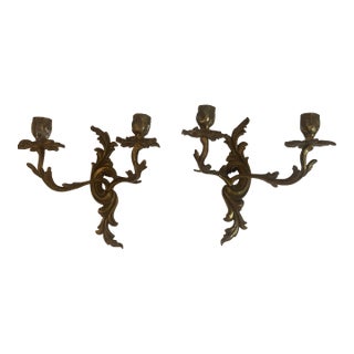 French Louis XV Bronze Detailed Candle Wall Sconces - A Pair For Sale