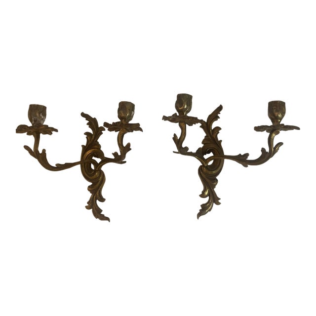 French Louis XV Bronze Detailed Candle Wall Sconces - A Pair For Sale