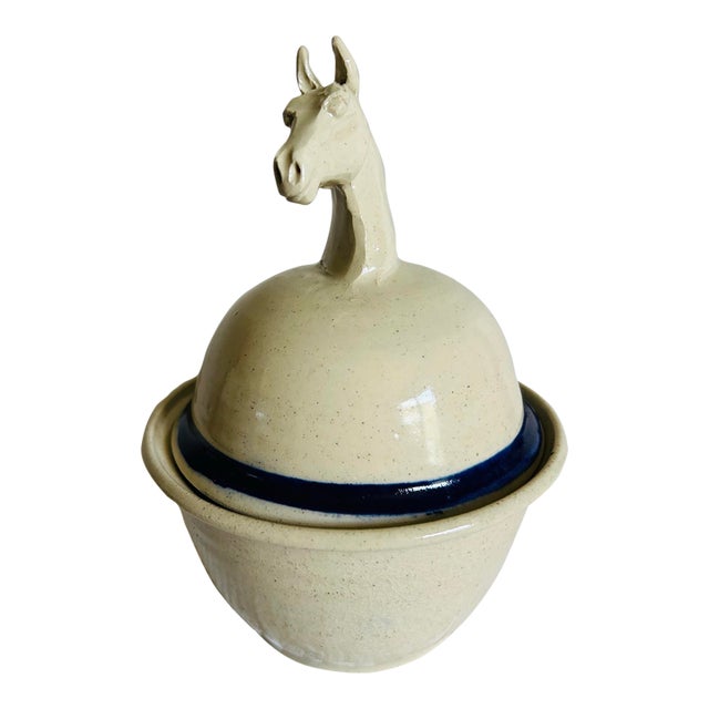 Vintage 1990 Unique Studio Pottery Stoneware Horses Head Covered Serving Dish For Sale
