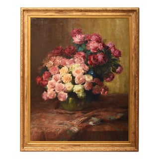 Julien Stappers, Still Life of Roses, 1920s, Oil on Canvas For Sale