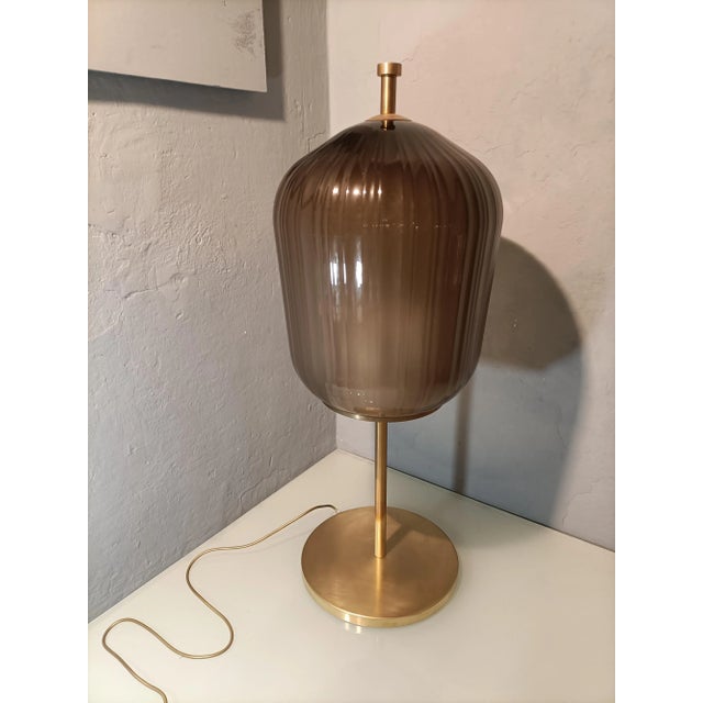 Large Satin Brass & Ribbed Milky Glass Floor Lamp For Sale - Image 4 of 8