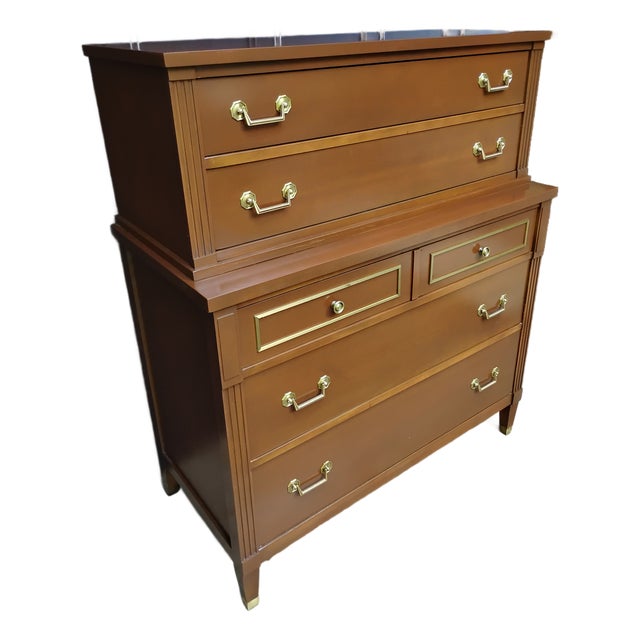 Mid Century Traditional Tallboy Dresser Attributed to Kindel Furniture. For Sale