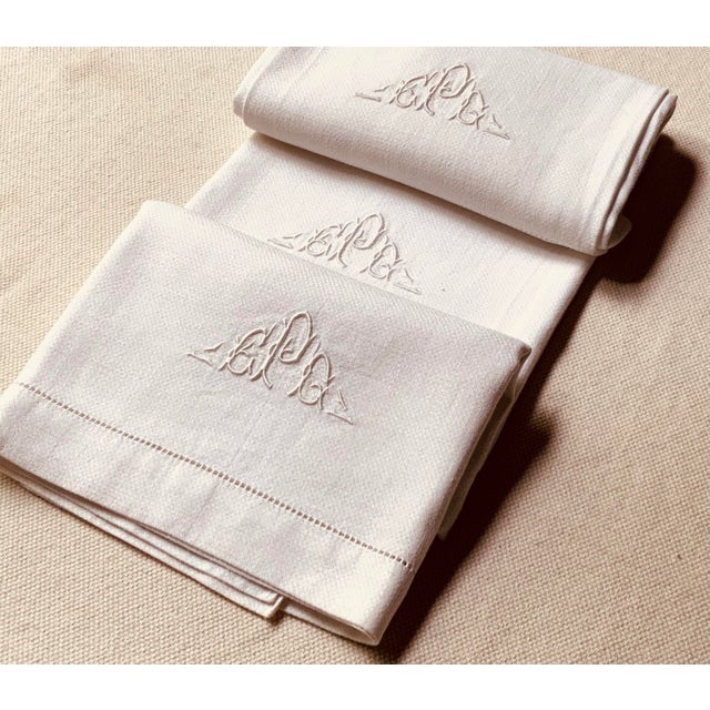 Antique Monogrammed Linen Hand Towels, Embroidered Monogram, Hemstitched, Set of 3 | C. 1930s | Nantucket Estate For Sale - Image 15 of 15