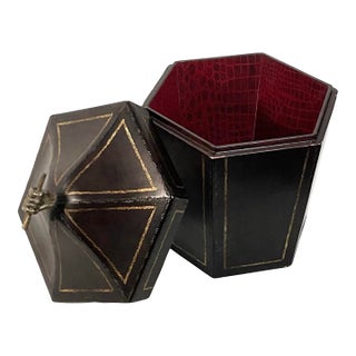 Vintage Tea Caddy Lidded Hexagonal Wooden Box With Brass Fist Finial For Sale
