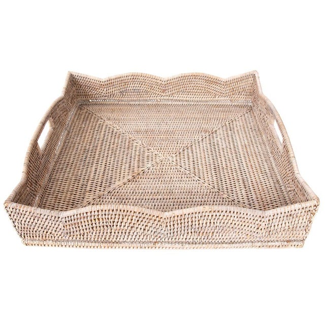 White Artifacts Rattan Scallop Collection Square Tray with Cutout Handles in White Wash - 20" For Sale - Image 8 of 8