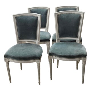 Antique French Louis XVI Style Square Back Painted Dining Chairs - Set of 4 For Sale
