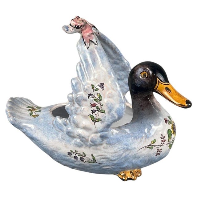19th Century French Faience Duck Jardiniere Saint Clement ( Lorraine ) Model created for the universal exhibition of 1878.