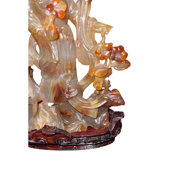 Mid 20th Century Mid 20th Century Chinese Carnelian Agate Sculpture of Two Immortal Maidens on Carved Stand For Sale - Image 5 of 6