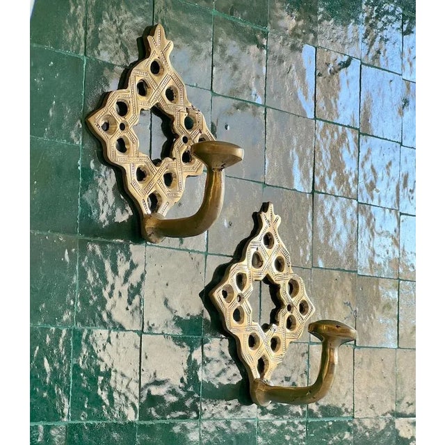 Set of 2 Moroccan Solid Brass Wall Mounted Towel Robe Hooks For Sale - Image 4 of 4