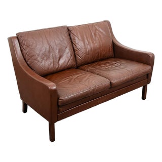 Mid Century Danish Modern Sofa Couch Brown Leather 2 Seat Settee Vintage Denmark For Sale
