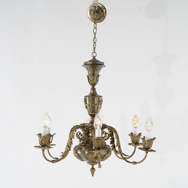 French Oversized Louis XV Style Brass & Bronze 6-Light Chandelier Circa 1940 For Sale - Image 3 of 9