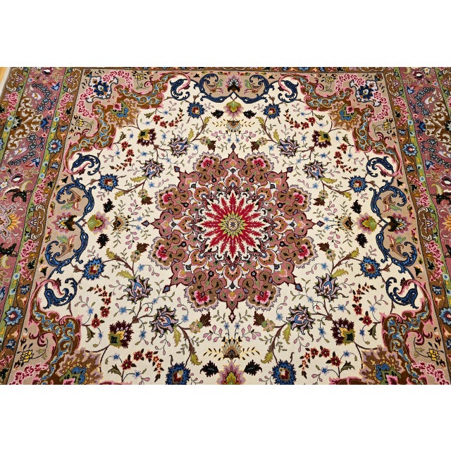 Vintage Persian Tabriz Square Area Rug, Hand-Knotted Wool & Silk, Fine Medallion Floral Pattern, Ivory & Pale Pink, 7x7 For Sale - Image 10 of 16