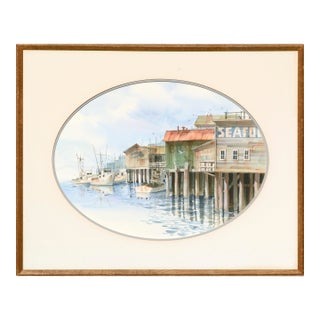 Jones Realism Seafood Shops on the Pier Watercolor Landscape Late 20th Century For Sale