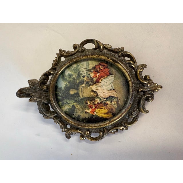 Vintage Petite Italian Fancy Gilt Metal Framed Print For Sale - Image 4 of 6