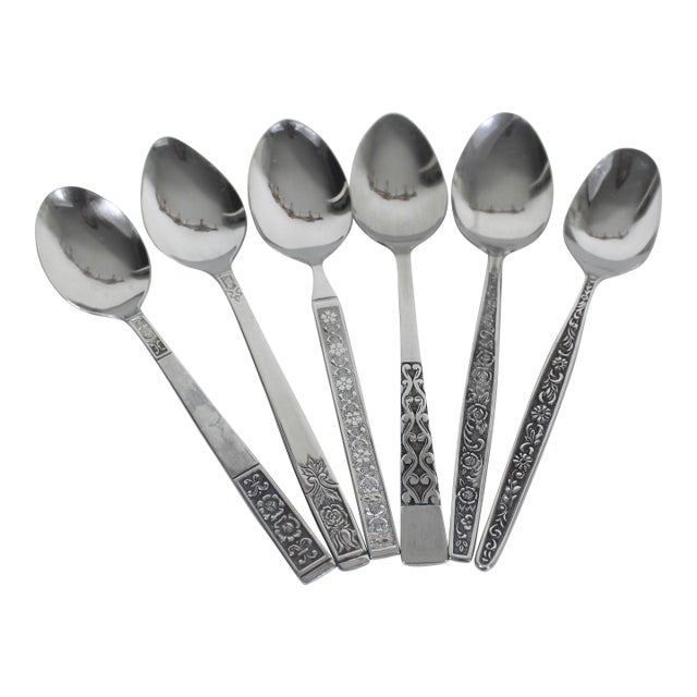 Vintage Mid Century Modern Stainless Steel Tea or Dessert Spoon - Set of 6 For Sale