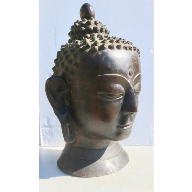 Monumental scale 20" tall. Sino-Tibetan Head of the Buddha. Traditional copper repousse' formed head in a dark bronze...