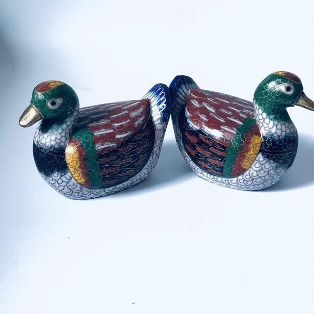 Chinese Pair of Vintage Cloisonné Enamel Mandarin Duck Figures – Pair, Floral & Feather Motif For Sale - Image 3 of 9