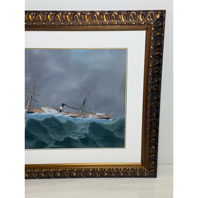s.s. Livornese in Heavy Seas — Antique Marine Gouache Steam Sail Ship Portrait, Attributed to Luca Papaluca (Italian, 1890–1934) For Sale - Image 6 of 18