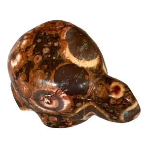 2000s Hand Carved Orbicular Jasper Turtle Figurine With Turquoise Eyes, Artist Leland Boone, Southwest, U. S. A.