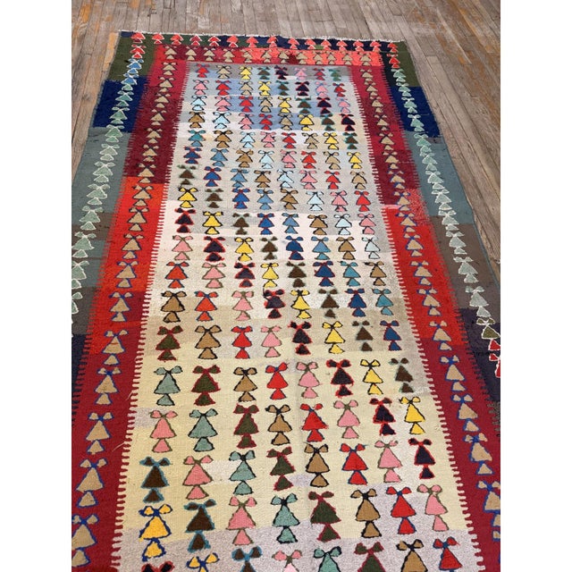 Mid-Century Modern Mid Century Modern Ivory Field Geometric Turkish Kilim 4' 8" X 9' Small Wool Rug For Sale - Image 3 of 5