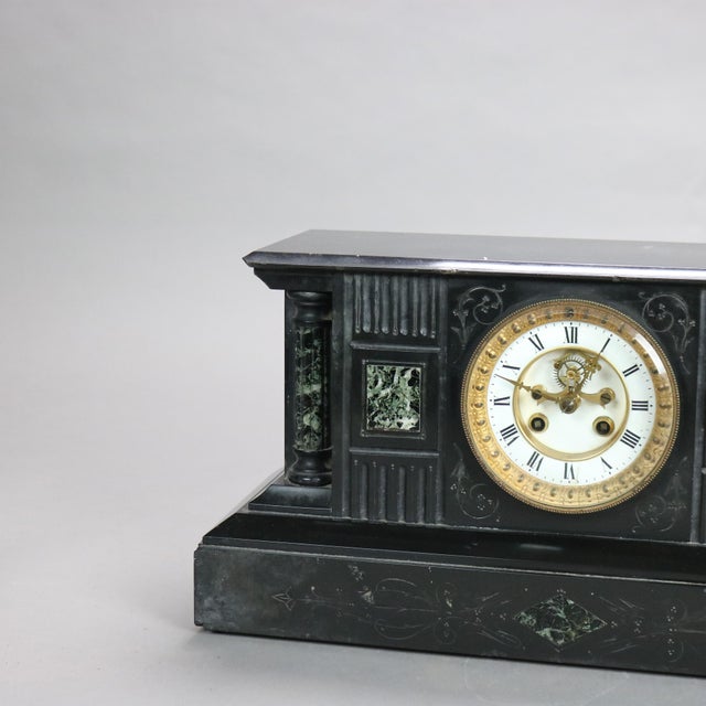 Black Antique Neoclassical Slate Mantle Clock with Open Escapement, c1890 For Sale - Image 8 of 12