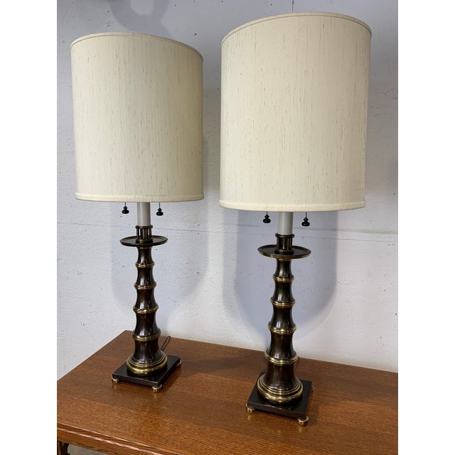 Stately MidCentury Solid Brass Stiffel Faux Bamboo Table Lamps With