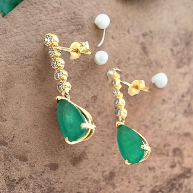 Natural Emerald Diamond Dangle Earrings 14k Y Gold 2.23 TCW Certified For Sale - Image 4 of 11