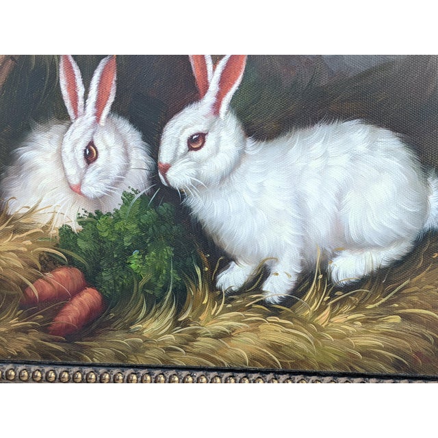 English Vintage Rabbit Oil Painting in Brown, Cream & Green With Carved Gilt Wood Frame For Sale - Image 3 of 14