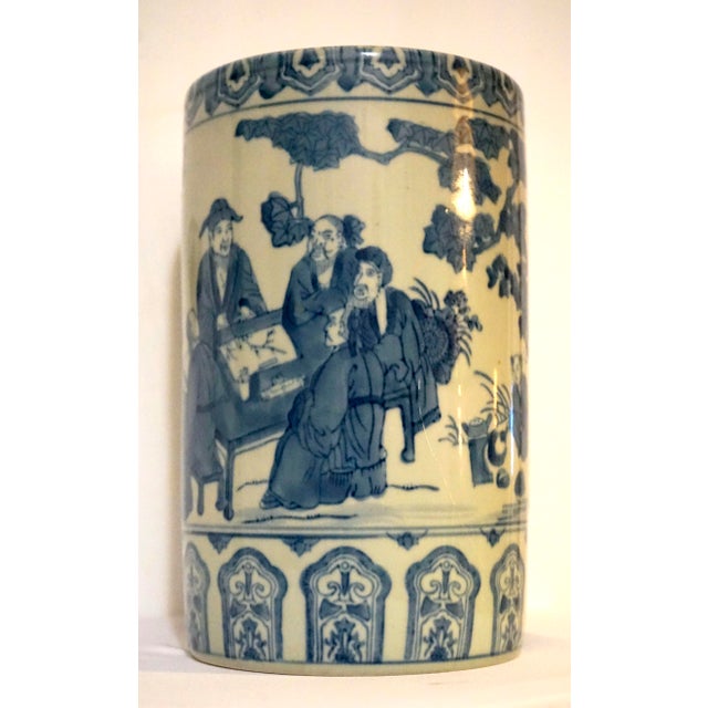 Chinese Blue and White Porcelain Cylindrical Bough Vase With Landscape Scene For Sale - Image 11 of 11