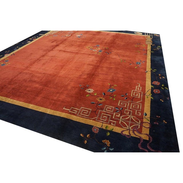 Beautiful Red and Blue Color With Flower Vases Design Antique Chinese Art Deco Rug For Sale In New York - Image 6 of 7