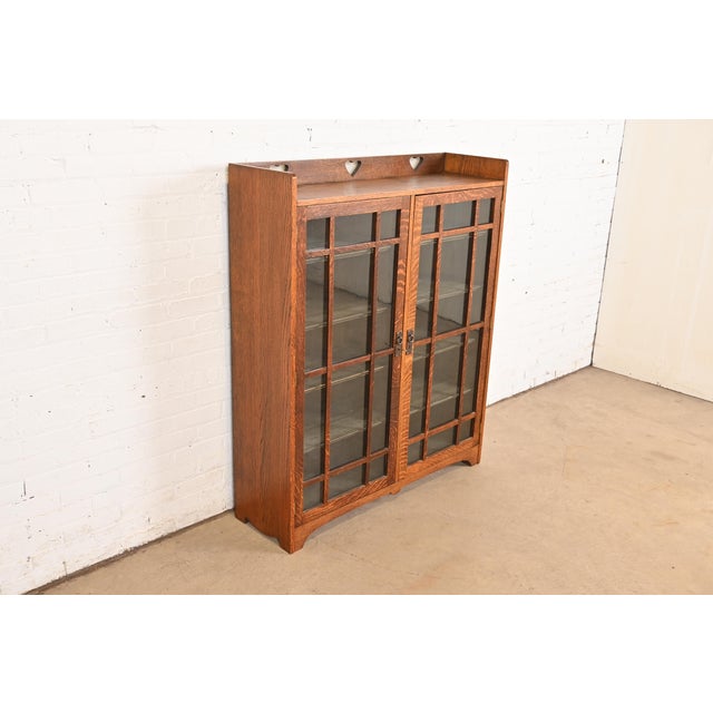 Charles Limbert Stickley Brothers Style Antique Mission Oak Arts & Crafts Glass Front Double Bookcase Cabinet, Circa 1900 For Sale - Image 4 of 11