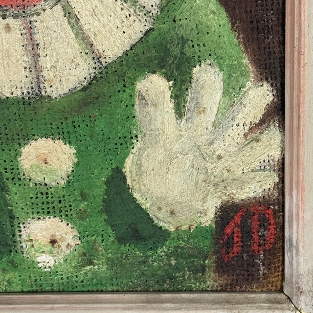 Vintage Folk Art Oil on Woven Fabric Painting of Red Faced Circus Clown in Green Suit, Signed J D For Sale In New York - Image 6 of 10