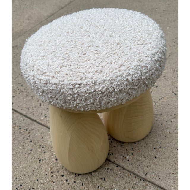 Sculptural Stool Attributed to Sam Klemick for Otherside Objects – Shearling Seat With Carved Wood Base For Sale - Image 4 of 5