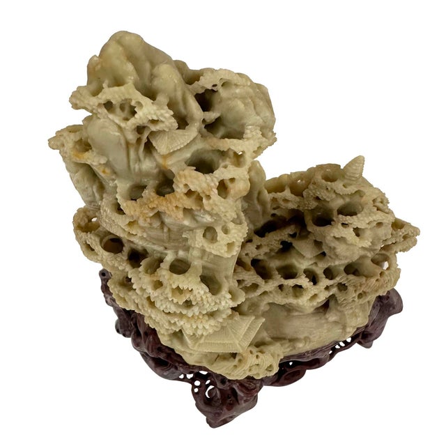 Vintage Hand Carved Chinese Soapstone Mountain Village With Pagoda Landscapes For Sale - Image 11 of 12