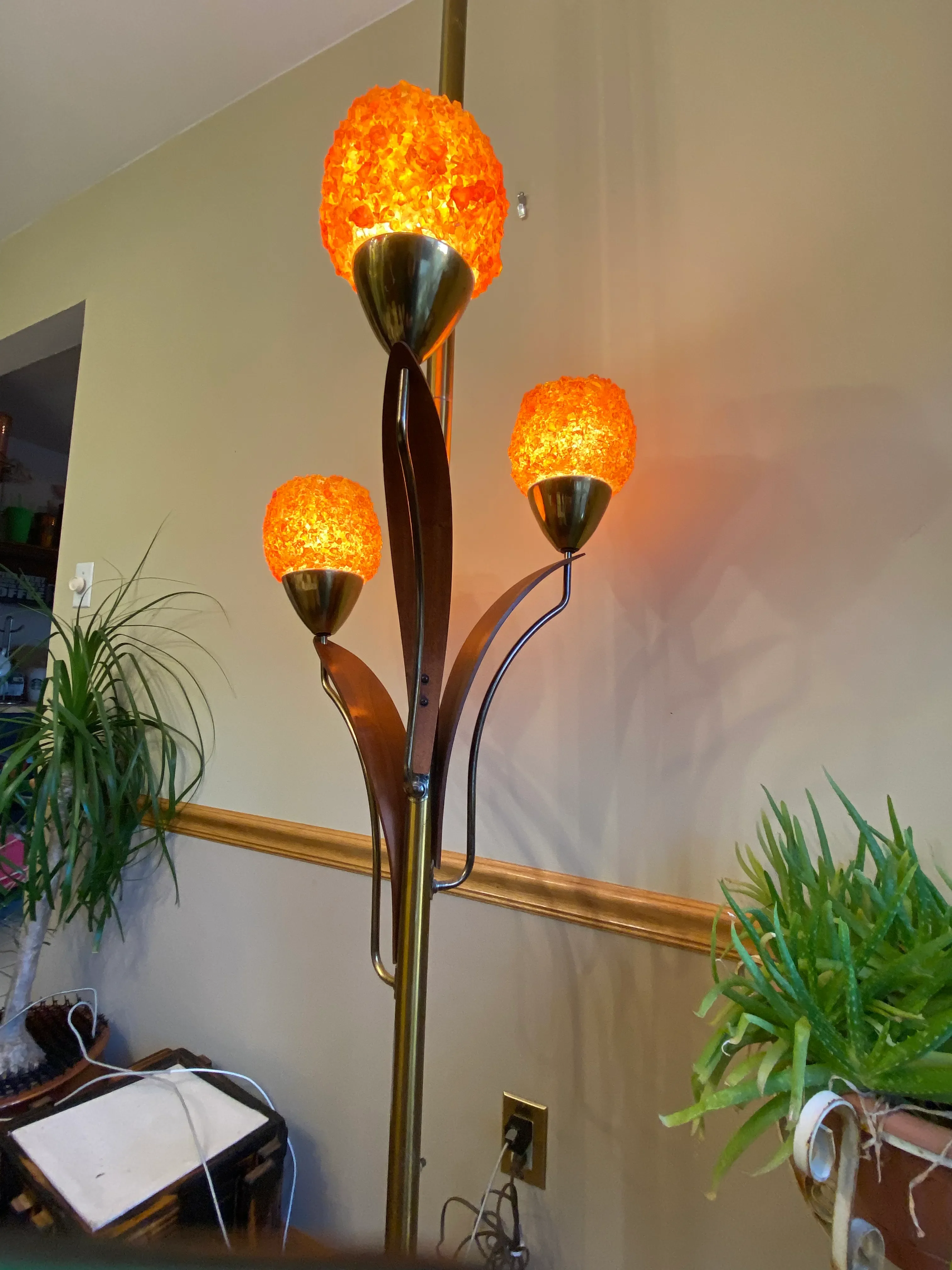 1960s Vintage Brass Teak Tension Pole With Orange Rock Candy
