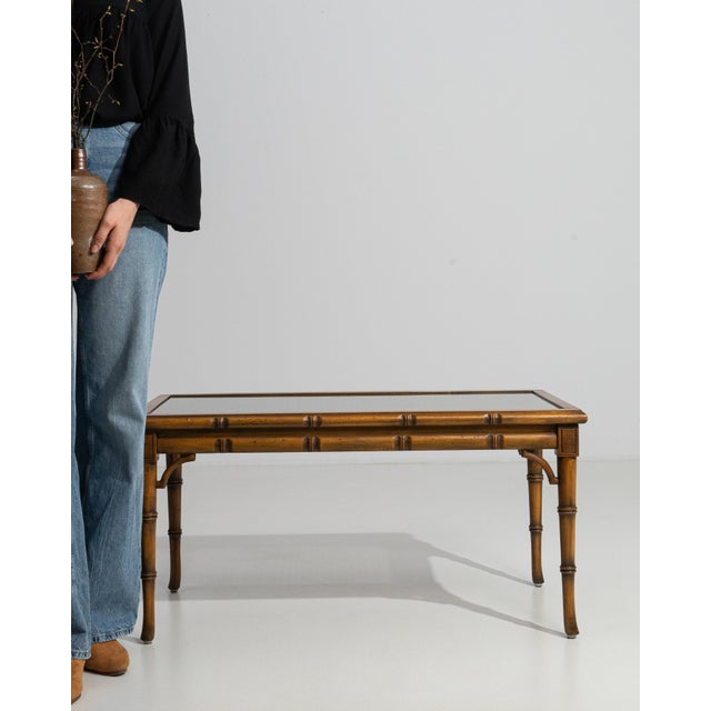1970s Faux Bamboo & Rattan Coffee Table With Glass Top For Sale In Greensboro - Image 6 of 11