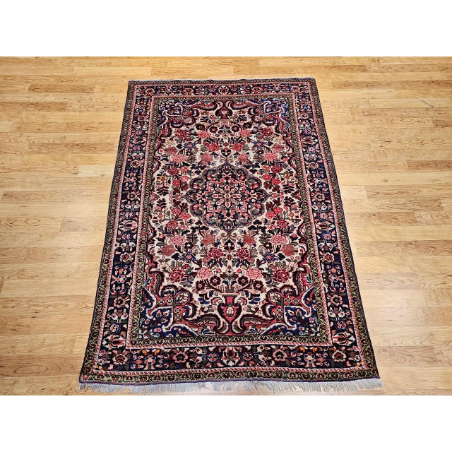 Vintage Persian Malayer Rug, Hand-Knotted Wool, Floral Pattern, 5x7, Ivory & Navy For Sale - Image 15 of 18