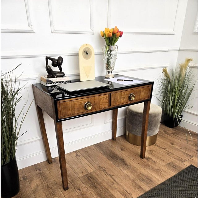 Beautiful Italian Art Deco Mid-Century Modern desk writing table, in beautiful veneer burl wood, with black glass top,...