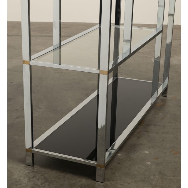 1970s Chrome Glass Brass Etagere Mixed Metal Glam Display Shelf Baughman For Sale - Image 13 of 16