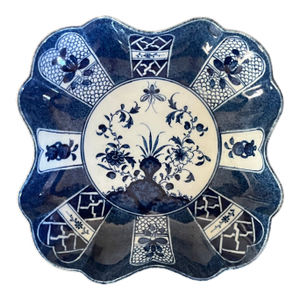 Antique 18th Century English George III Worcester / Caughley Porcelain Powder Blue Square Dish in the Scholar's Rock Pattern Circa 1780