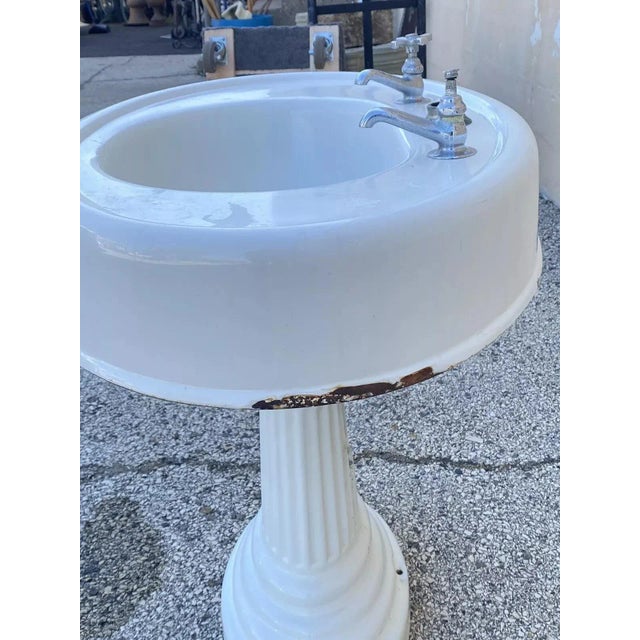 Antique Victorian White Cast Iron Porcelain Enamel Pedestal Bathroom Sink For Sale - Image 9 of 12