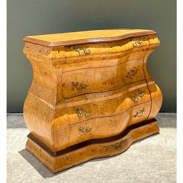 French Provincial Vintage Burl Wood Marquetry Bombe Chest For Sale - Image 3 of 12
