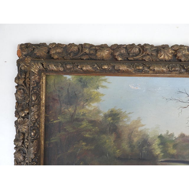 Late 19th Century Antique Ornate Picture Frame With Folk Art Landscape Painting For Sale - Image 5 of 7