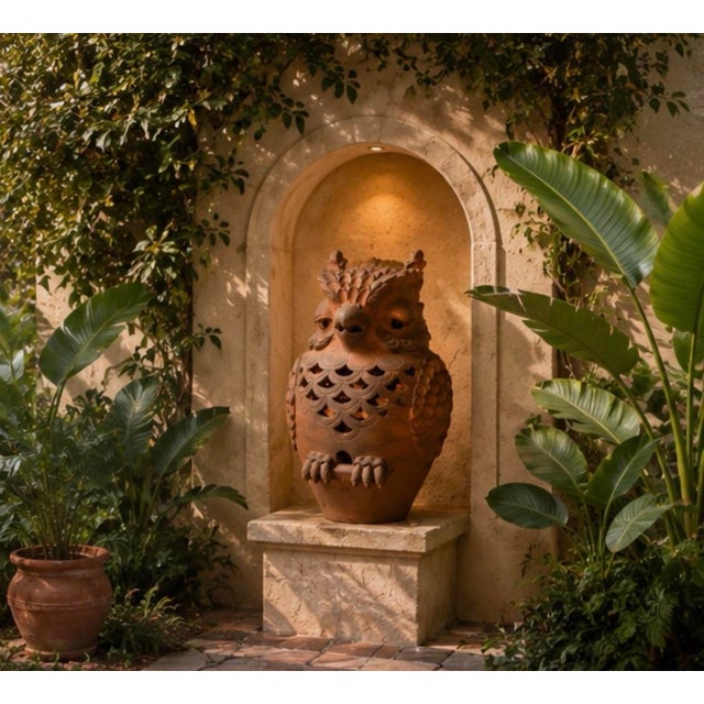 Vintage Italian-Style Terracotta Owl Garden Statue & Lantern For Sale - Image 10 of 12