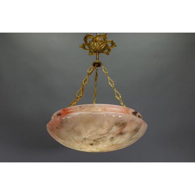 Art Deco French Pink and Gray Alabaster and Bronze Pendant Light, 1920s For Sale - Image 14 of 18