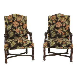 Pair Carved Frame Upholstered Throne Armchairs For Sale