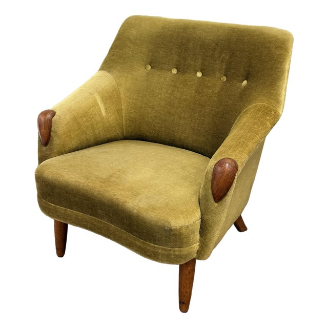 Danish Modern Green Mohair and Teak Lounge Chair, Circa 1950s For Sale